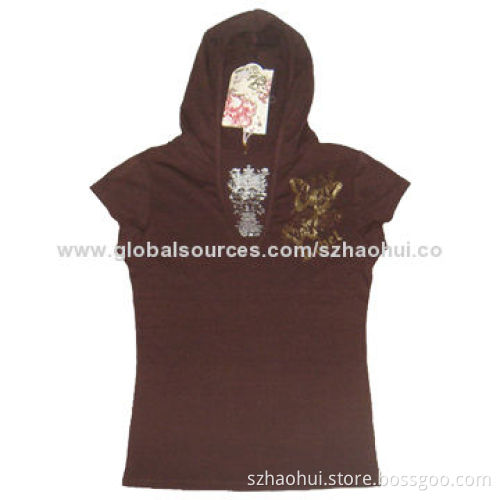 Women's 100% cotton special design T-shirt with hood, gold and silver glitter print style